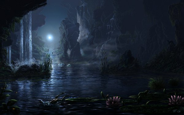 Anime picture 1680x1050 with original fel-x (artist) wide image night wallpaper night sky mountain jumping scenic nature rock waterfall lake water moon full moon frog water lily swan