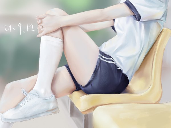 Anime picture 800x600 with original diao mao de yueliang single sitting bent knee (knees) short sleeves depth of field dated head out of frame interlocked fingers hand on knee leg hug 2021 girl uniform socks shoes shorts short shorts white socks