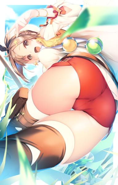 Anime picture 3395x5308 with atelier (series) atelier ryza gust (company) reisalin stout ryuji (ikeriu) single tall image looking at viewer blush fringe highres short hair breasts open mouth light erotic smile brown hair brown eyes absurdres sky