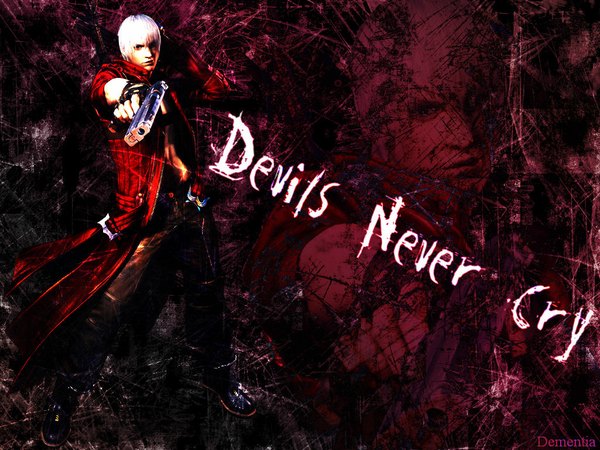Anime picture 1024x768 with devil may cry capcom dante (devil may cry) single looking at viewer short hair blue eyes blonde hair white hair inscription wallpaper red background boy gun blood cloak pistol