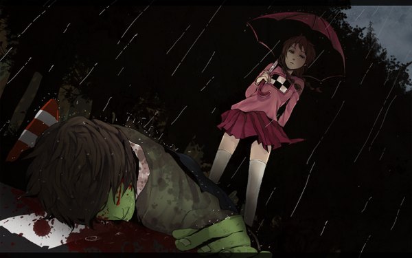 Anime picture 1300x813 with yume nikki madotsuki shitai-san midoro long hair short hair red eyes brown hair wide image night rain green skin skirt umbrella