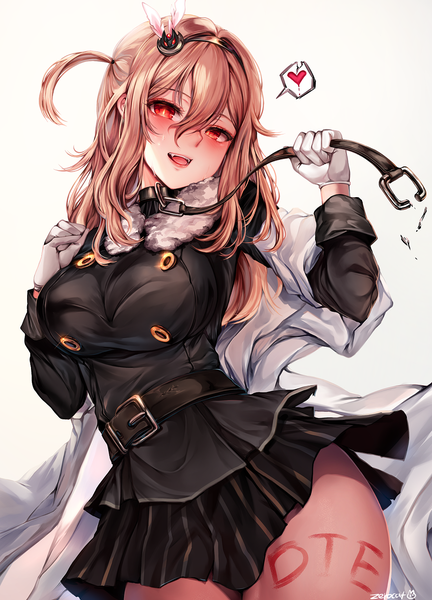 Anime picture 1100x1528 with girls frontline suomi kp31 (girls frontline) zerocat single long hair tall image looking at viewer blush fringe breasts open mouth light erotic simple background blonde hair smile hair between eyes red eyes holding signed :d