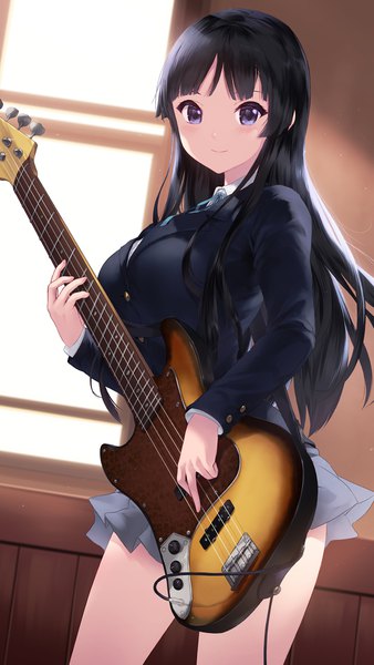 Anime picture 760x1351 with k-on! kyoto animation akiyama mio cait single long hair tall image looking at viewer blush fringe breasts black hair smile large breasts standing purple eyes holding payot indoors blunt bangs