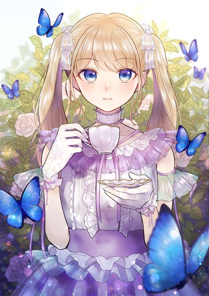 Anime picture 2894x4093 with original rubianeko single long hair tall image looking at viewer fringe highres blue eyes blonde hair twintails upper body girl dress gloves flower (flowers) bow hair bow white gloves rose (roses)