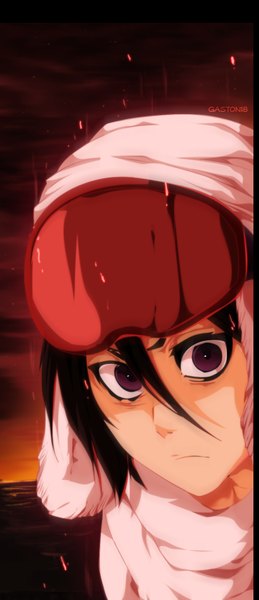 Anime picture 605x1400 with bleach studio pierrot kuchiki rukia tongasart single tall image short hair black hair purple eyes sky cloud (clouds) coloring close-up rain face girl goggles