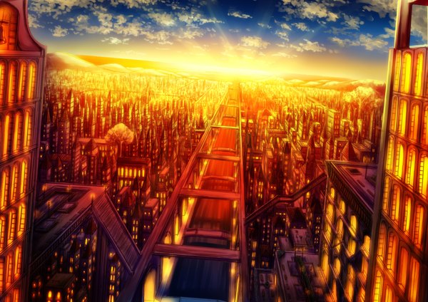 Anime picture 2000x1414 with original natsu (shoukibo) highres sky cloud (clouds) city evening sunset cityscape mountain river plant (plants) tree (trees) building (buildings) bridge
