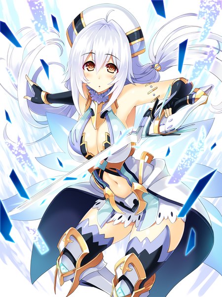 Anime picture 750x1000 with cu-no rapua qive hisenkaede single long hair tall image looking at viewer blush fringe breasts light erotic hair between eyes large breasts bare shoulders brown eyes white hair bare belly :o sleeveless outstretched arm