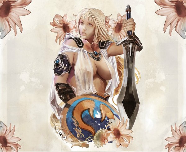 Anime picture 1600x1307 with soulcalibur sophitia alexandra single long hair light erotic blonde hair looking away wallpaper girl flower (flowers) weapon sword armor shield