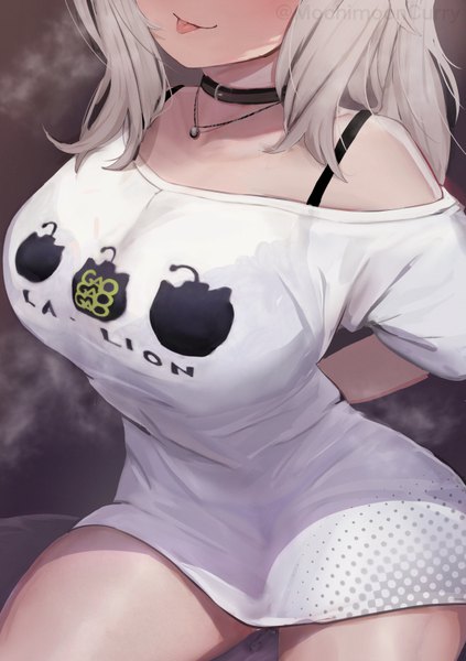Anime picture 593x842 with virtual youtuber hololive shishiro botan shishiro botan (4th costume) mochitsuki karen single long hair tall image blush breasts light erotic blonde hair large breasts sitting off shoulder short sleeves official alternate costume hands behind back :p head out of frame