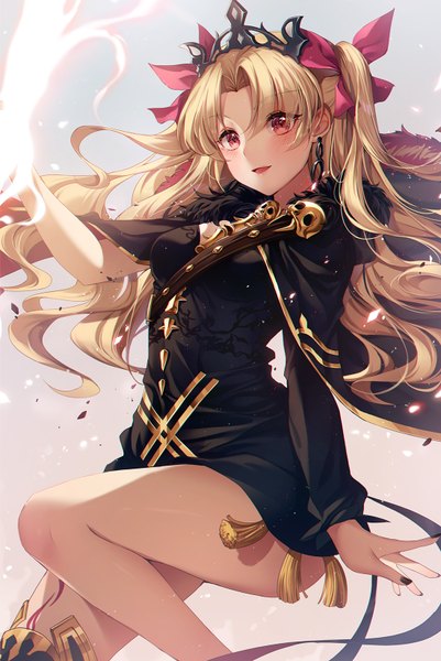 Anime picture 1100x1644 with fate (series) fate/grand order ereshkigal (fate) ttosom single long hair tall image looking at viewer blush fringe breasts open mouth simple background blonde hair smile hair between eyes red eyes standing bent knee (knees) nail polish