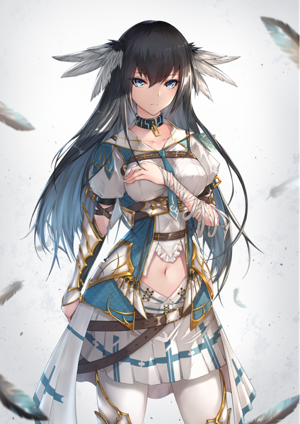 Anime-Bild 729x1032 mit original yue ying jin feng single long hair tall image looking at viewer fringe blue eyes black hair hair between eyes standing pleated skirt bare belly puffy sleeves hand on chest serious girl skirt navel miniskirt