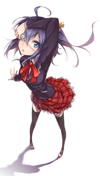 Anime picture 571x1000 with chuunibyou demo koi ga shitai! kyoto animation takanashi rikka hong (white spider) single tall image looking at viewer short hair blue eyes simple background white background ahoge from above shadow one side up girl thighhighs uniform black thighhighs school uniform