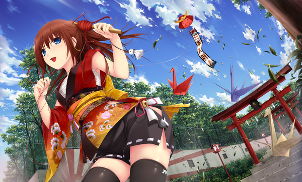 Anime picture 3507x2124 with original kopianget single long hair highres open mouth blue eyes smile brown hair wide image absurdres sky cloud (clouds) ponytail traditional clothes japanese clothes from below armpit (armpits) girl thighhighs