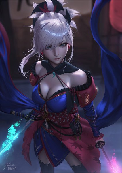 Anime picture 848x1200 with fate (series) fate/grand order miyamoto musashi (fate) raikoart single long hair tall image fringe breasts blue eyes light erotic hair between eyes large breasts standing bare shoulders holding signed payot looking away cleavage