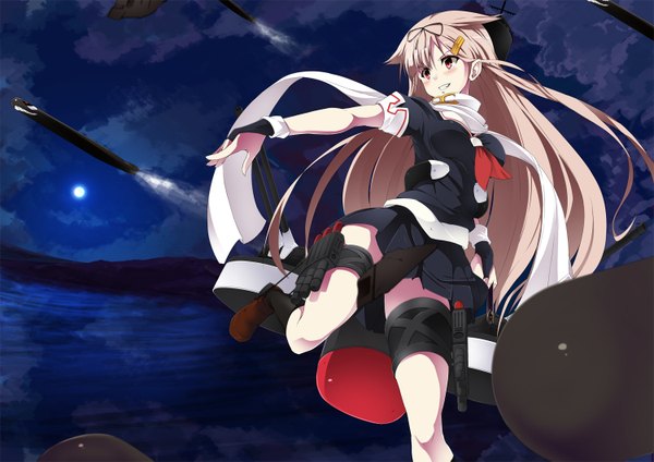 Anime picture 1500x1061 with kantai collection yuudachi destroyer noa (nagareboshi) single long hair blush fringe blonde hair smile red eyes looking away cloud (clouds) night short sleeves night sky outstretched arm remodel (kantai collection) girl skirt gloves