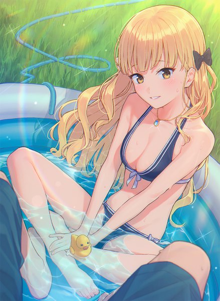 Anime picture 1000x1365 with princess connect! re:dive princess connect! saren (princess connect!) mikazuchi zeus single long hair tall image looking at viewer blush fringe breasts light erotic blonde hair smile sitting yellow eyes full body outdoors blunt bangs parted lips
