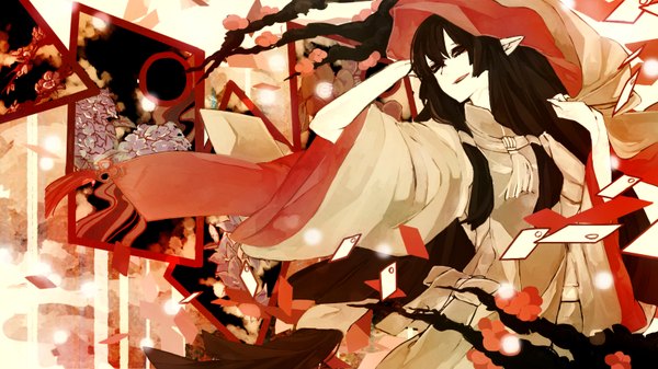 Anime picture 1600x900 with original asahi (asahino) single long hair looking at viewer fringe open mouth brown hair wide image brown eyes light smile wind pointy ears teeth eyeshadow girl flower (flowers) scarf branch