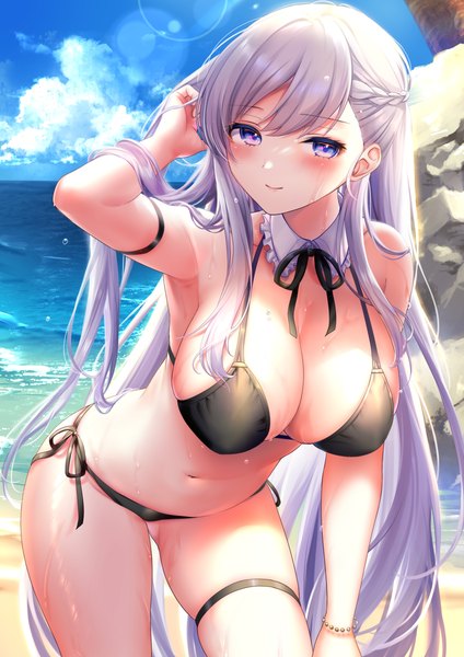 Anime picture 2894x4093 with azur lane belfast (azur lane) pontaro18 single tall image looking at viewer blush fringe highres breasts blue eyes light erotic smile large breasts standing sky purple hair cloud (clouds) outdoors braid (braids)