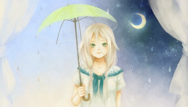 Anime picture 2020x1150 with vocaloid ia (vocaloid) single long hair looking at viewer fringe highres blonde hair wide image green eyes braid (braids) light smile alternate costume twin braids rain girl moon umbrella