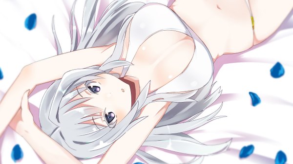 Anime picture 1280x720 with alice gear aegis kondou chieri maze (gochama ze gohan) single long hair looking at viewer blush breasts open mouth light erotic wide image large breasts purple eyes silver hair lying arms up :o on back girl swimsuit