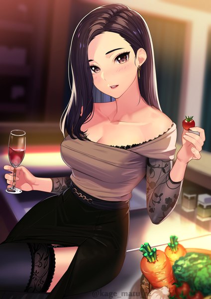 Anime picture 1736x2456 with original kagematsuri single long hair tall image looking at viewer blush highres breasts open mouth brown hair sitting bare shoulders holding brown eyes signed cleavage indoors blurry off shoulder