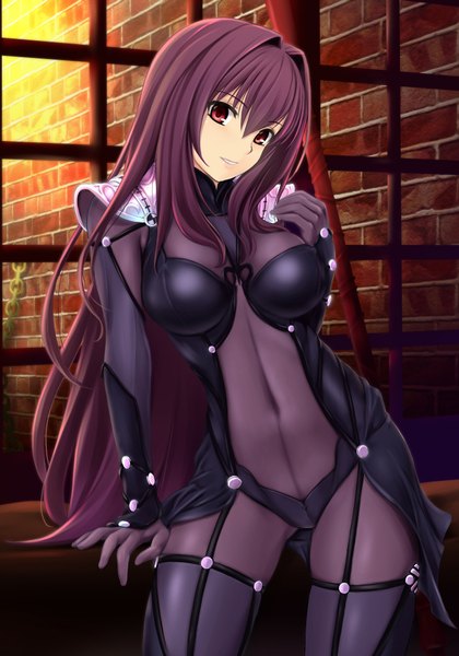 Anime-Bild 700x1000 mit fate (series) fate/grand order scathach (fate) (all) scathach (fate) nonaka ritsu single long hair tall image looking at viewer fringe breasts light erotic hair between eyes red eyes large breasts standing holding purple hair indoors head tilt