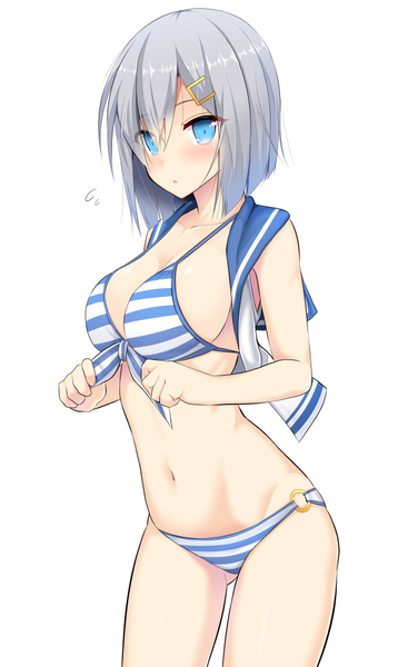 Anime picture 597x1000 with kantai collection hamakaze destroyer takeyuu single tall image looking at viewer blush fringe short hair breasts light erotic simple background hair between eyes large breasts standing white background holding grey hair bare belly :o