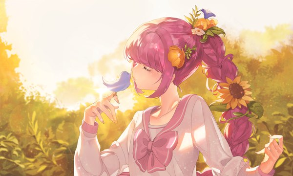 Anime picture 2460x1480 with original ice machine single long hair blush fringe highres wide image payot pink hair sky upper body outdoors braid (braids) eyes closed long sleeves profile hair flower blurry single braid
