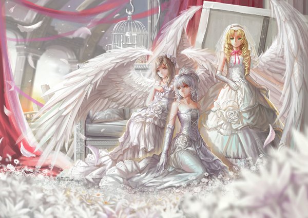 Anime picture 1000x707 with original saber 01 long hair blonde hair brown hair multiple girls brown eyes green eyes yellow eyes silver hair drill hair angel wings girl dress gloves flower (flowers) wings elbow gloves 3 girls feather (feathers)
