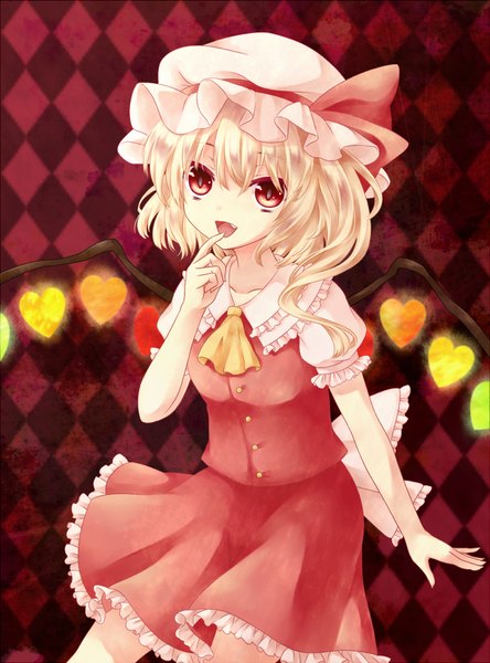 Anime picture 800x1080 with touhou flandre scarlet kai aki (artist) single long hair tall image looking at viewer short hair open mouth blonde hair red eyes one side up finger to mouth rhombus alternate wings girl skirt wings heart bonnet