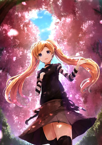 Anime picture 2894x4093 with idolmaster idolmaster million live! emily stewart ro risu single long hair tall image looking at viewer blush highres open mouth blonde hair purple eyes twintails from below cherry blossoms girl thighhighs skirt black thighhighs