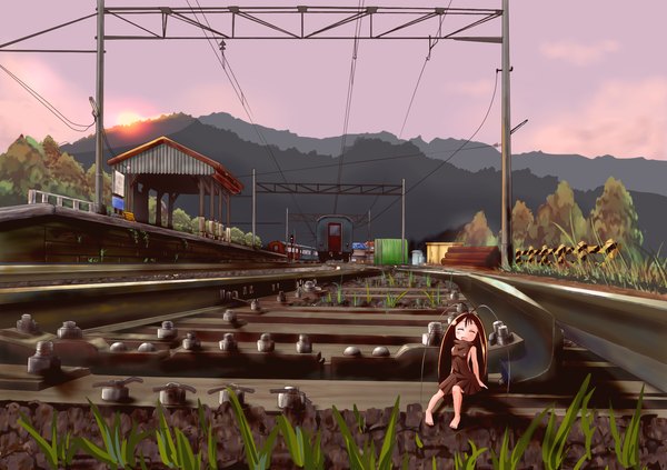 Anime picture 1800x1270 with gokicha!! cockroach girls single long hair fringe highres brown hair sitting ahoge eyes closed barefoot happy mountain girl dress plant (plants) tree (trees) grass train train station