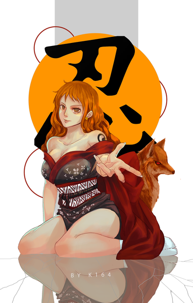 Anime picture 1400x2200 with one piece toei animation nami (one piece) k164 single long hair tall image looking at viewer fringe breasts light erotic simple background sitting brown eyes signed cleavage traditional clothes japanese clothes fingernails light smile