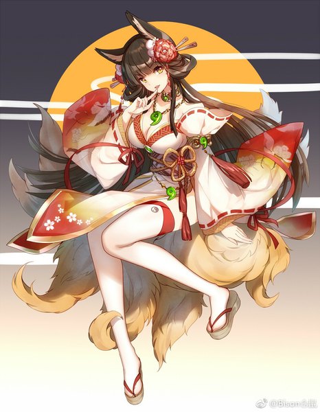 Anime picture 800x1028 with bison cangshu single long hair tall image looking at viewer breasts light erotic brown hair bare shoulders signed animal ears cleavage full body bent knee (knees) tail long sleeves traditional clothes head tilt japanese clothes animal tail
