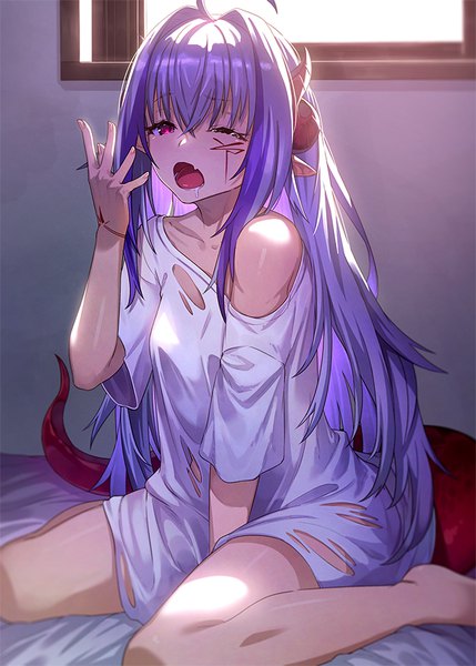 Anime picture 648x906 with original melusine (ibuki notsu) ibuki notsu single long hair tall image fringe open mouth hair between eyes sitting looking away purple hair indoors tail pink eyes barefoot arm up horn (horns) pointy ears off shoulder