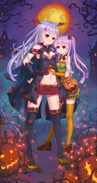 Anime picture 1857x3500 with original fangxiang cuoluan long hair tall image blush highres smile red eyes twintails multiple girls animal ears pink hair silver hair halloween head wings girl thighhighs dress navel 2 girls