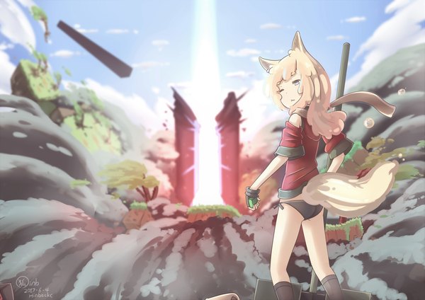 Anime-Bild 3508x2480 mit original hinbackc single long hair highres blue eyes light erotic blonde hair standing signed animal ears absurdres sky cloud (clouds) outdoors tail animal tail one eye closed from behind fox ears