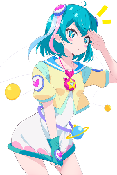 Anime picture 1377x2048 with precure star twinkle precure toei animation hagoromo lala bokkun (doyagaobyo) single tall image looking at viewer short hair simple background white background ahoge aqua eyes pointy ears aqua hair symbol-shaped pupils salute blush stickers girl gloves