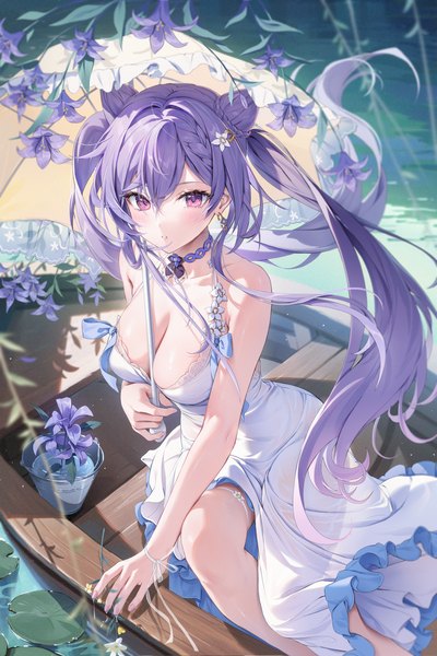 Anime picture 2667x4000 with genshin impact keqing (genshin impact) houkisei single long hair tall image looking at viewer blush fringe highres breasts light erotic hair between eyes large breasts sitting twintails bare shoulders holding cleavage purple hair