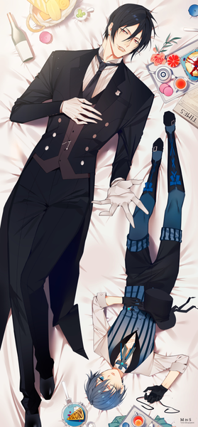 Anime picture 600x1288 with kuroshitsuji a-1 pictures sebastian michaelis ciel phantomhive soppaghetti tall image looking at viewer fringe short hair blue eyes black hair smile hair between eyes red eyes blue hair bent knee (knees) lying one eye closed from above multiple boys