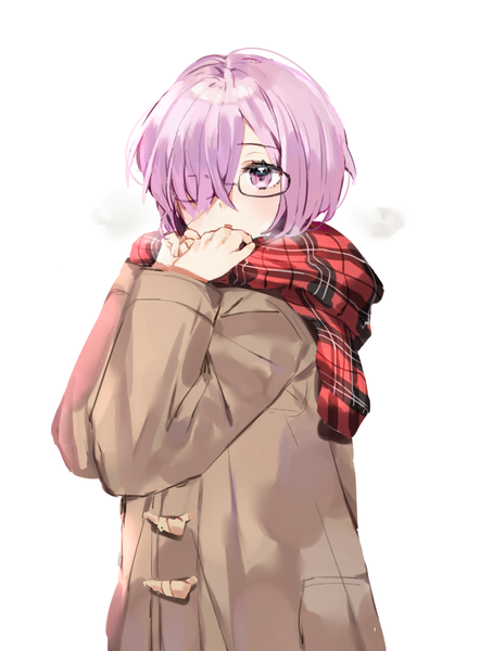 Anime picture 700x950 with fate (series) fate/grand order mash kyrielight danggeun single tall image looking at viewer blush fringe short hair open mouth simple background standing white background purple eyes pink hair long sleeves hair over one eye exhalation girl