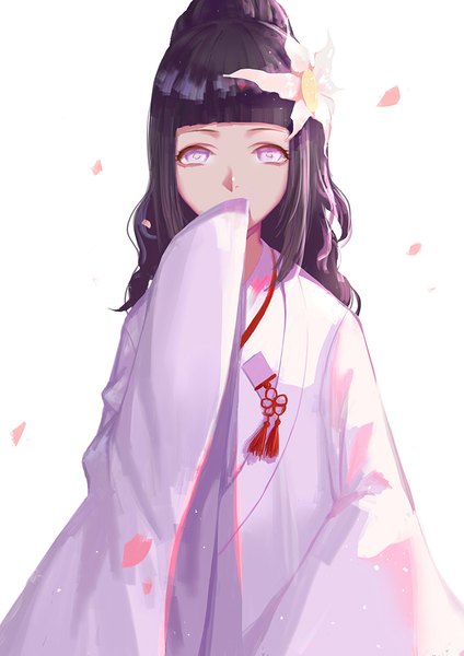 Anime picture 707x1000 with naruto studio pierrot naruto (series) hyuuga hinata nho (316784766) single long hair tall image looking at viewer fringe black hair simple background white background purple eyes payot upper body blunt bangs traditional clothes japanese clothes hair flower