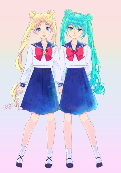 Anime picture 840x1200 with bishoujo senshi sailor moon vocaloid toei animation hatsune miku tsukino usagi saki (hxaxcxk) long hair tall image looking at viewer open mouth blue eyes simple background blonde hair smile standing twintails multiple girls green eyes full body pleated skirt