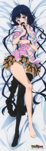 Anime picture 2270x7343 with masamune-kun no revenge silver link adagaki aki single tall image looking at viewer blush highres blue eyes light erotic twintails blue hair very long hair scan low twintails plaid skirt flat chest covered mouth dakimakura (medium) girl