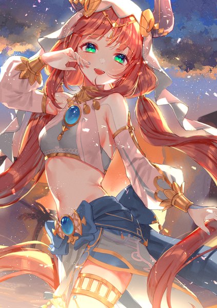 Anime picture 1748x2480 with genshin impact nilou (genshin impact) harushio single long hair tall image looking at viewer blush fringe highres open mouth smile standing twintails green eyes payot cloud (clouds) red hair blunt bangs long sleeves