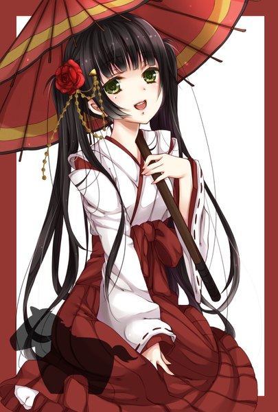 Anime picture 1181x1748 with original ripu (sherypton) single long hair tall image looking at viewer fringe open mouth black hair sitting twintails holding green eyes long sleeves traditional clothes japanese clothes hair flower mole wide sleeves no shoes