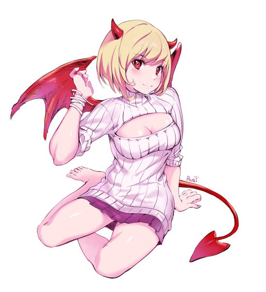 Anime picture 1024x1121 with original rushi (bloodc) single tall image looking at viewer blush fringe short hair breasts light erotic simple background blonde hair smile red eyes white background sitting signed cleavage full body tail