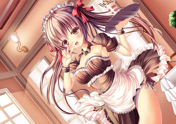 Anime picture 1920x1355 with original yuuzuki hijiri 309042 single long hair looking at viewer blush fringe highres open mouth light erotic hair between eyes brown hair twintails brown eyes cleavage sunlight bare legs armpit (armpits) maid