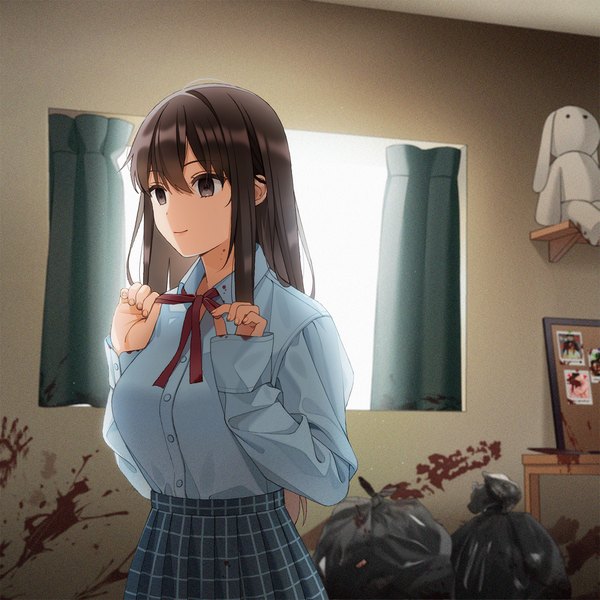 Anime picture 1230x1230 with original unjem single long hair fringe smile hair between eyes brown hair standing brown eyes looking away indoors pleated skirt sleeves past wrists plaid skirt shaded face bloody clothes blood stains empty eyes yandere