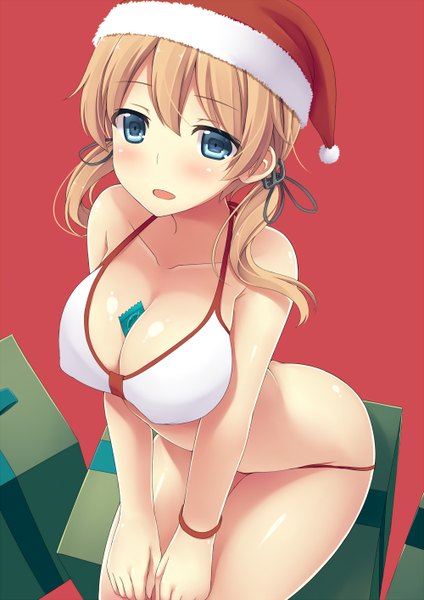 Anime picture 1000x1414 with kantai collection prinz eugen (kantai collection) mizunashi kenichi single long hair tall image breasts blue eyes light erotic blonde hair simple background large breasts sitting bare shoulders fur trim shiny skin christmas red background between breasts girl